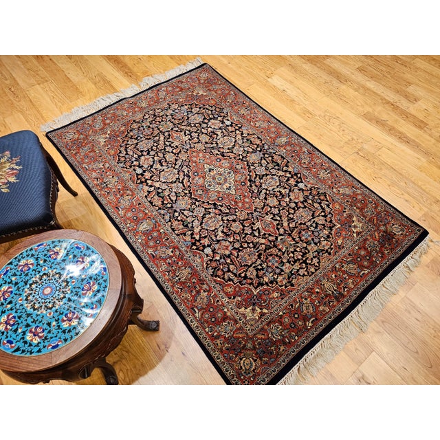 Vintage Kashan Area Rug, Handwoven Floral Pattern, Navy & Brick Red, 4’ X 6’ For Sale - Image 11 of 12