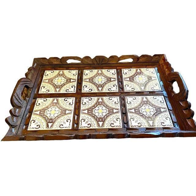 Vintage Arts And Crafts Wooden Tile Serving Tray w/ Handles. Add a Boho touch to your bar or use for serving appetizers....