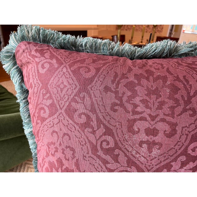 Pair of Schumacher Bezique Flamestich Pillows in Blues & Greens With Custom Samuel & Sons Fringe For Sale In New York - Image 6 of 10