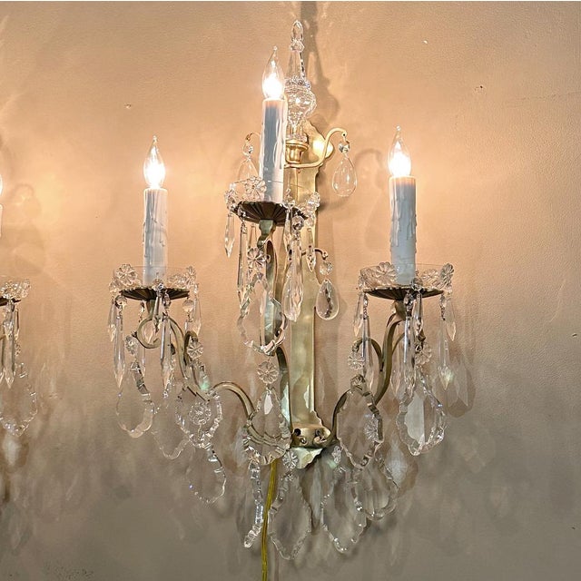 Pair of Timeless Solid Brass & Cut Crystal Wall Sconces For Sale - Image 4 of 18