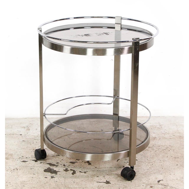 Mid 20th Century European Nickeled Steel Round Tinted Glass Bar Cart For Sale - Image 9 of 9