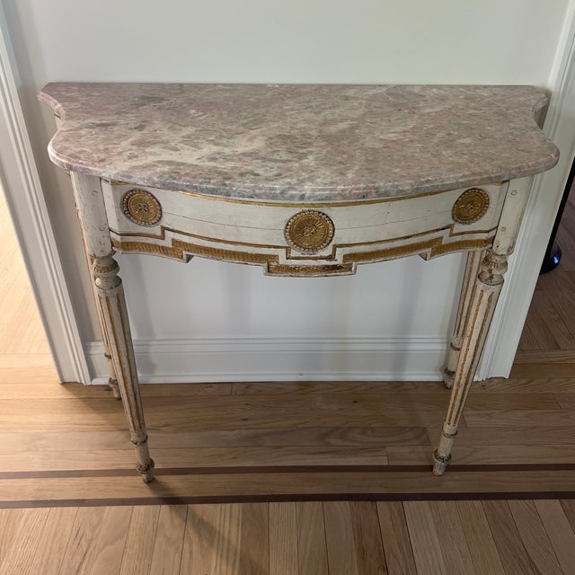 Antique French Painted and Gilt Wood Console Table With Marble Top For Sale - Image 4 of 8