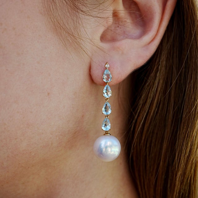 Not Yet Made - Made To Order Nina Zhou Rhythm 3.25ctw Natural Aquamarine & Diamond and Pearl Drop Earrings in 14k Gold For Sale - Image 5 of 9