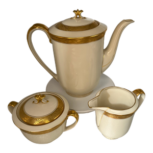 Early 1900s Hutschenreuther “Margarete” Cream Gold Coffee Pot, Creamer & Sugar Set- 3 Pieces