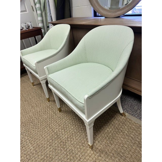 Hickory Chair Furniture Company Hickory Chair “Warren” Neoclassical Gondola Dining or Accent Chairs- Pair in Bm White Dove With Kravet Leaf Green Stipe For Sale - Image 4 of 7