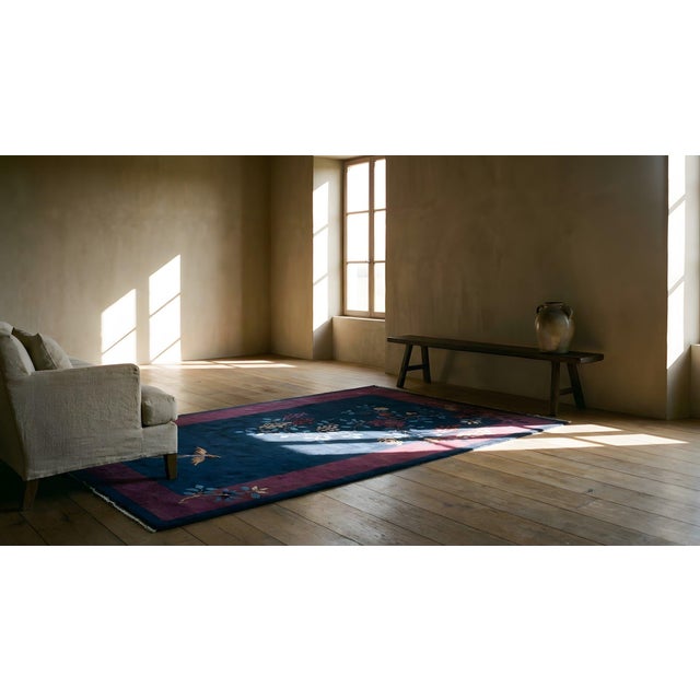 1920s Blue Navy Floral Bird Antique Chinese Art Deco Carpet 4'1" X 6'8" Knotted Wool Rug For Sale - Image 12 of 14