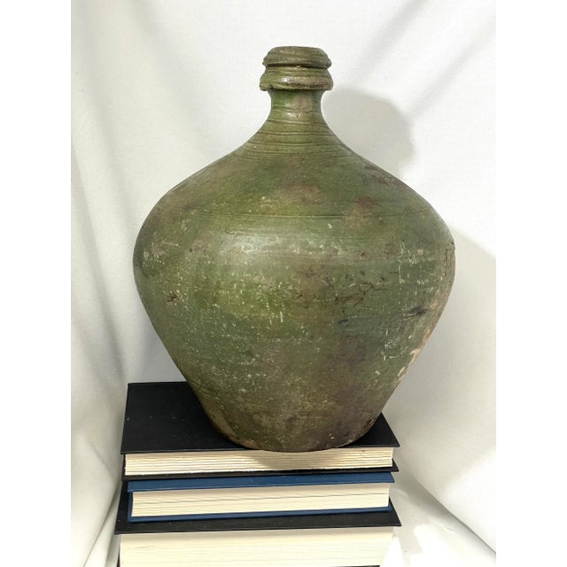 Green 19th Century Antique Rustic Portuguese Green Earthenware Bottle Jug For Sale - Image 8 of 10