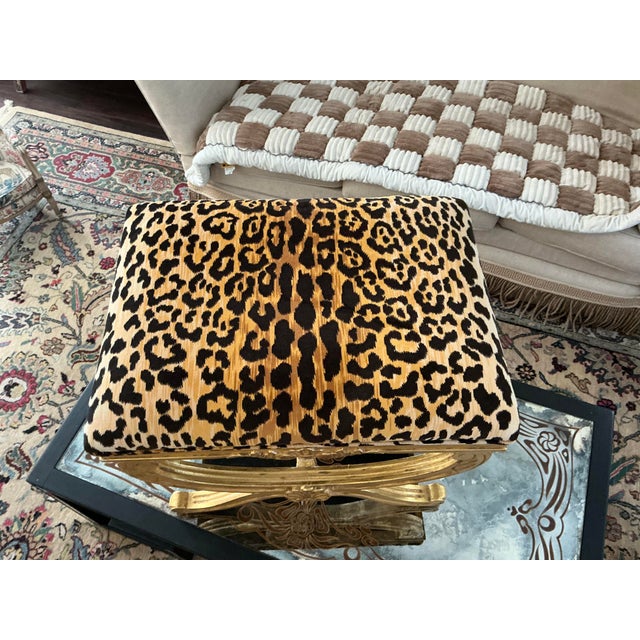 Neoclassical Mid-Century Italian Neo-Classical Style Giltwood & Leopard Velvet X-Base Ottomans - Pair For Sale - Image 3 of 9