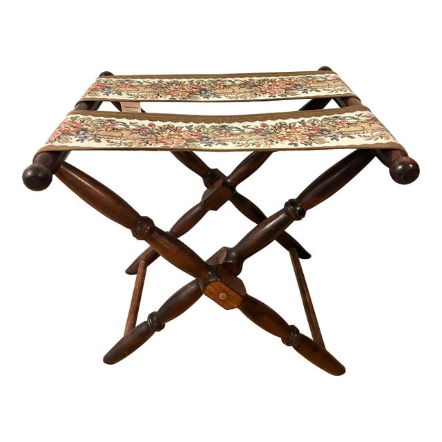 Vintage French Beechwood and Tapestry Folding Luggage Rack For Sale