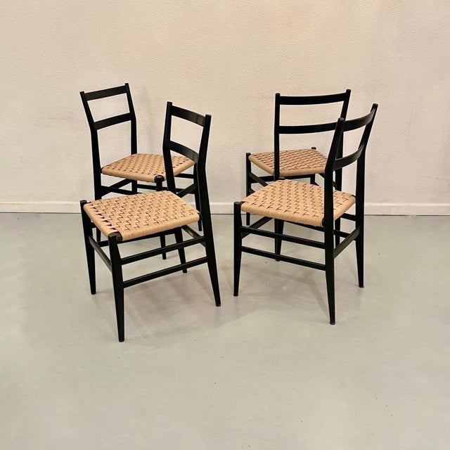 Vintage Leggera Chairs in Rope and Black Wood by Gio Ponti for Cassina, 1950s, Set of 4 For Sale - Image 11 of 12