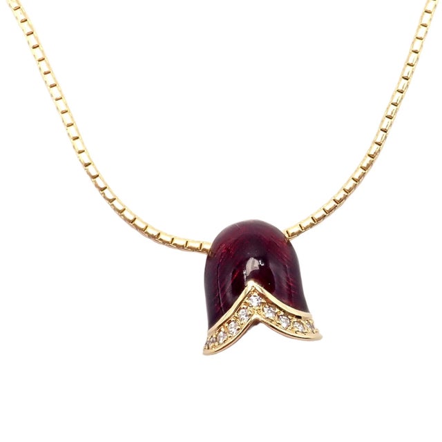 Contemporary Late 20th Century Fabrege Diamond Tulip Red Enamel Pendant Necklace For Sale - Image 3 of 10