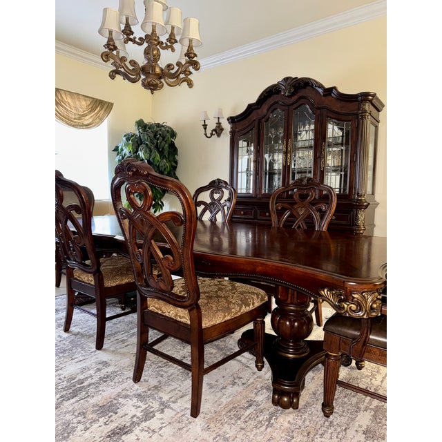 Italian Solid Wood Double-Pedestal Dining Table Set With 6 Carved Chairs – European Traditional Luxury For Sale - Image 3 of 12