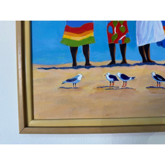 Blue Vintage Florence Zevich Folk Art African Coastal Scene Oil on Board Painting, Signed and Framed For Sale - Image 8 of 11