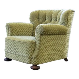 Danish 1940's Fritz Hansen Style Large Scale Club Chair in Green Mohair For Sale