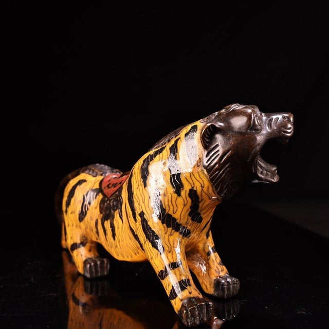 Mid 20th Century Vintage Cloisonne Enamel Tiger Figure – 12.2" Gilt Striped Beast Sculpture For Sale - Image 5 of 10
