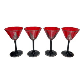 Set of 4 Rockwell Art Deco Sterling Silver Overlay Glass Cocktail Stems For Sale