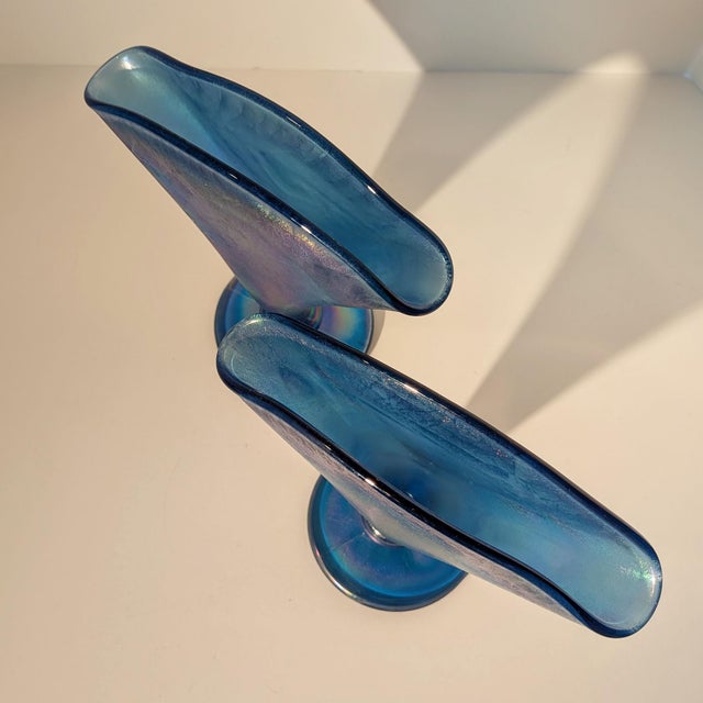 Mid-Century Modern Pair Fenton Celeste Blue Stretch Glass Fan Vases Iridescent Oval Logo Vintage For Sale - Image 3 of 4