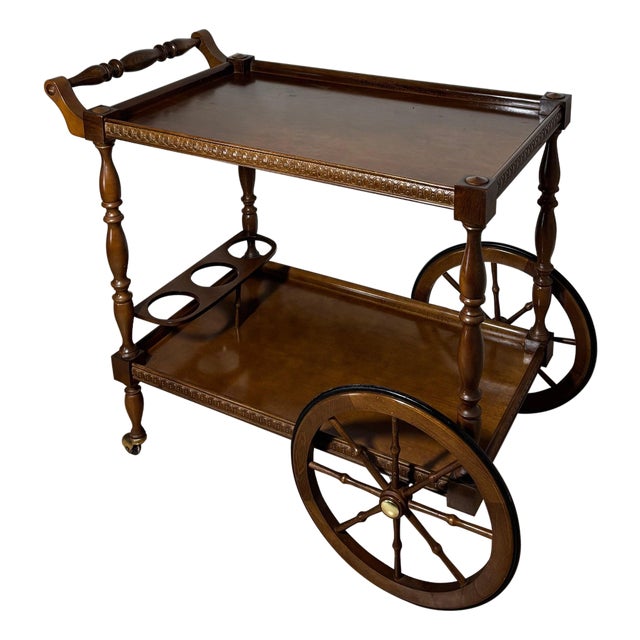 Spanish Mid-Century Wooden Bar Cart with Turned Legs and Bottle Holder For Sale