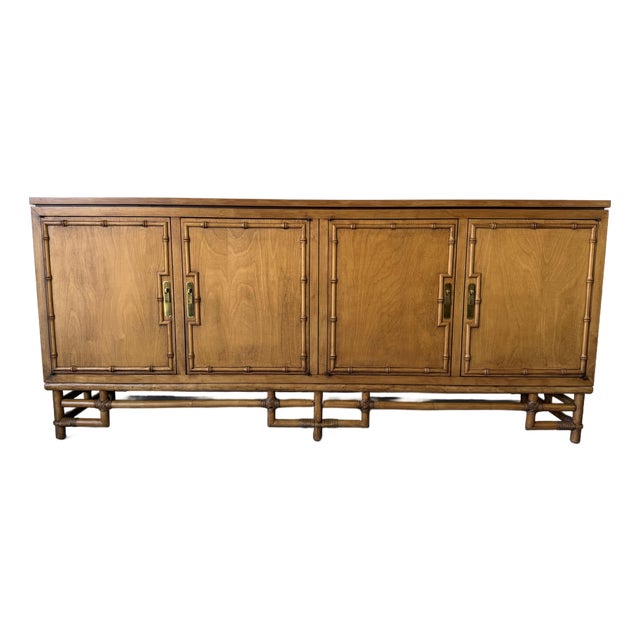 Vintage Ficks Reed Palm Beach Faux Bamboo Wood Sideboard With Brass Pulls For Sale