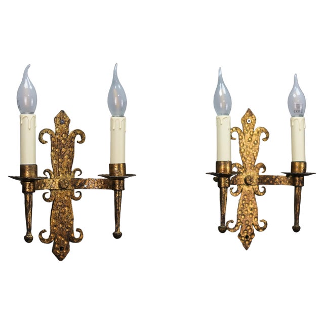 Late 19th Century French Gilt Wrought Iron Sconces, 1890s, Set of 2 For Sale