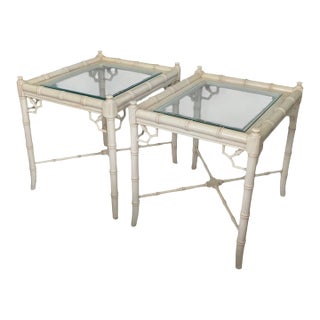 Vintage Thomasville Allegro Faux Bamboo Fretwork Glass-Top Side Tables, Pair of 2 For Sale