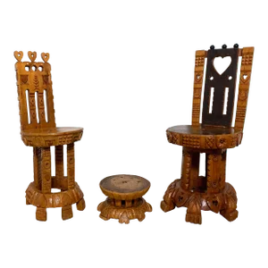 Circa 1950s Hand-Carved Folk Art Chairs & Ottoman by Joseph Deveau Set- 3 Pieces