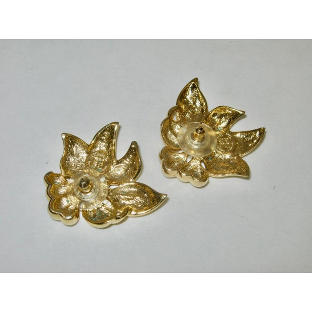 Modern 1980s Givenchy Large Polished Gold Carved Poinsettia Earrings - 2 Pieces For Sale - Image 3 of 5