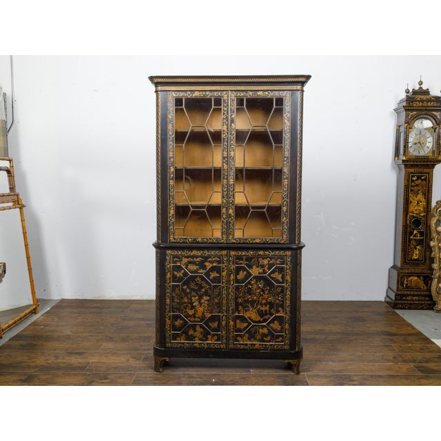 19th Century 19th Century English Black and Gold Chinoiserie Bookcase with Glass Doors For Sale - Image 5 of 12