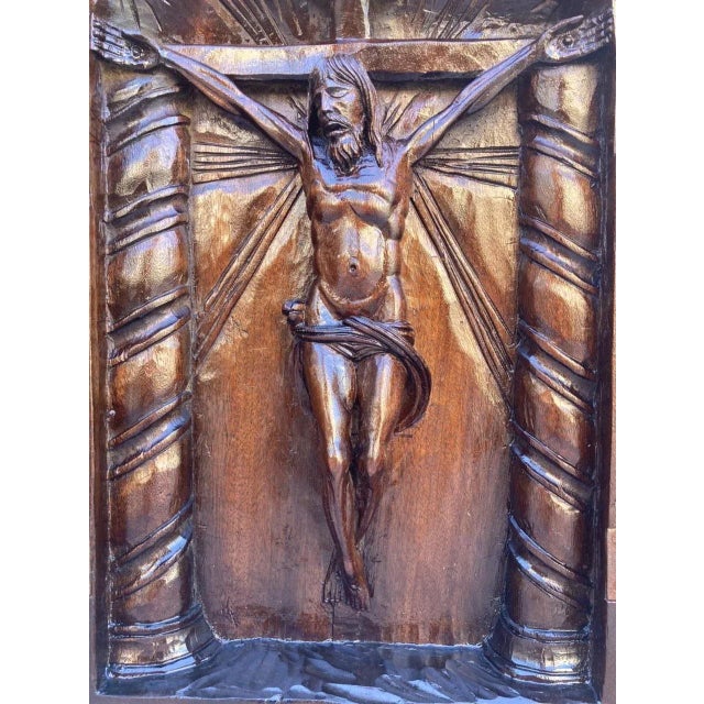 French Antique Hand Carved Walnut Wood Religious Triptych or Carved Wall Sculpture Panel, 1890s For Sale - Image 6 of 18
