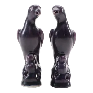 Small Scale Antique 19th Century Chinese Export Monochrome Porcelain Models of Parrots With Aubergine Glaze - a Pair