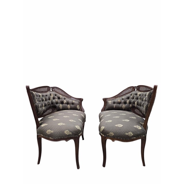 Victorian Antique Victorian Rococo Revival Asymmetrical Caned Ladies’ Conversation Chairs - Pair For Sale - Image 3 of 12
