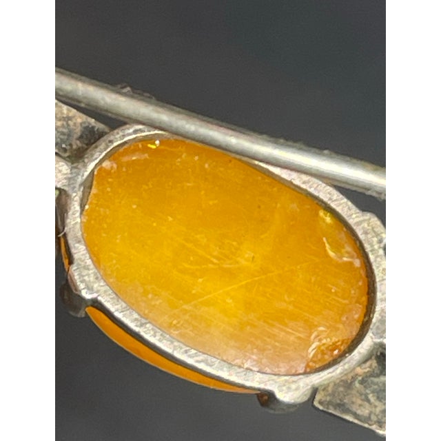 1920s Art Deco Baltic Amber Butterscotch Egg Yolk Cabochon Brooch, Antique Art Deco With Marcasite For Sale - Image 5 of 6