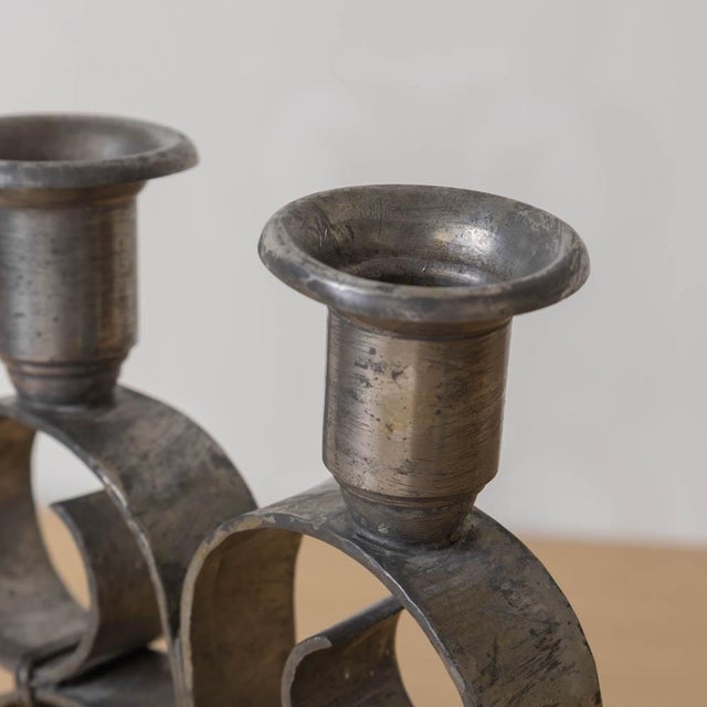 1930s Pair of French Pewter Scroll Candlesticks For Sale - Image 10 of 12