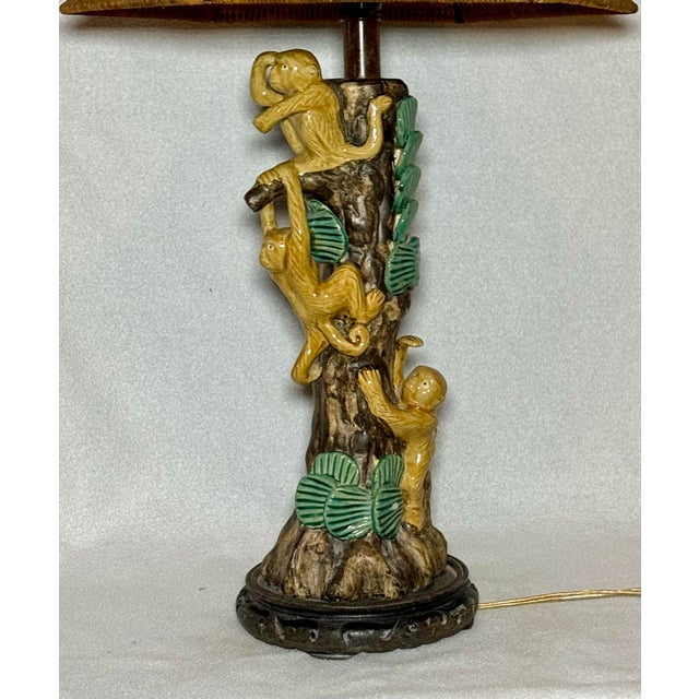 Vintage Boho Majolica Glazed Monkey Table Lamp With Rattan Woven Shade – Unique Artisan Lighting For Sale - Image 4 of 12