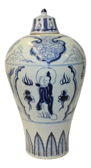 Chinese Blue White Round Porcelain Scenery Meiping Plum Jar
