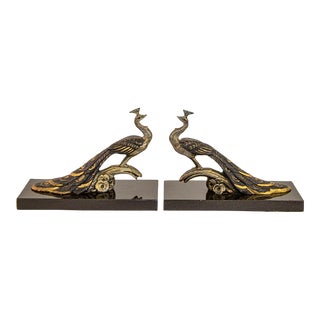 Art Deco Style Pair Bronze Peacock Bookends on Black Marble Base For Sale