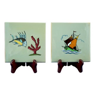 Deco Majolica Tiles with Marine, Boat, and Fish Motif by Elso Sora for Ama Pesaro, Italy, 1950s, Set of 2 For Sale