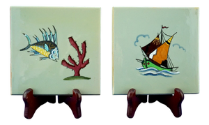 Deco Majolica Tiles with Marine, Boat, and Fish Motif by Elso Sora for Ama Pesaro, Italy, 1950s, Set of 2