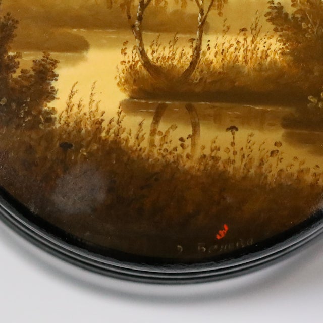 Paint Vintage Landscape Scene Fedoskino Hand-Painted Round Lacquer Box For Sale - Image 7 of 7