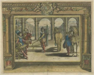 Antoine de Pluvinel, French Men Training Two Horses Near the Louvre, France, 1627, Print