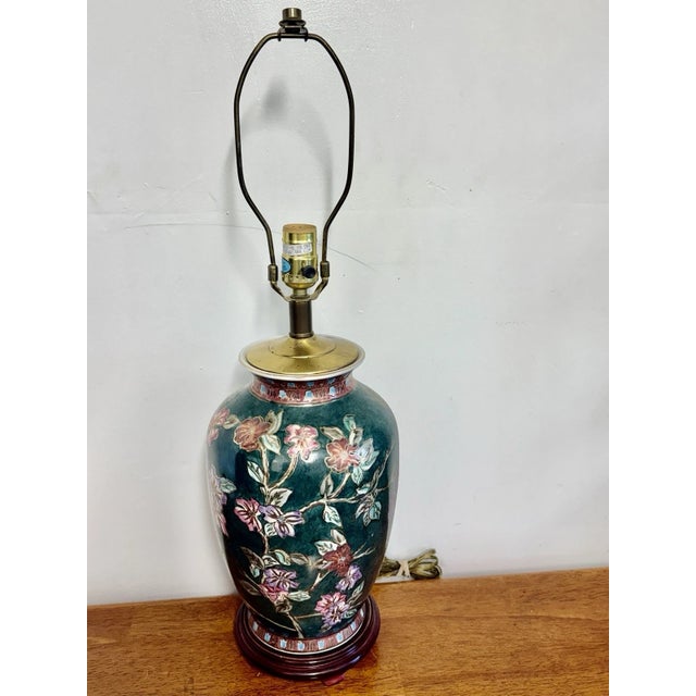 Asian Vintage Asian Floral Cloisonne Style Ceramic Ginger Jar Table Lamp Hand Painted For Sale - Image 3 of 15