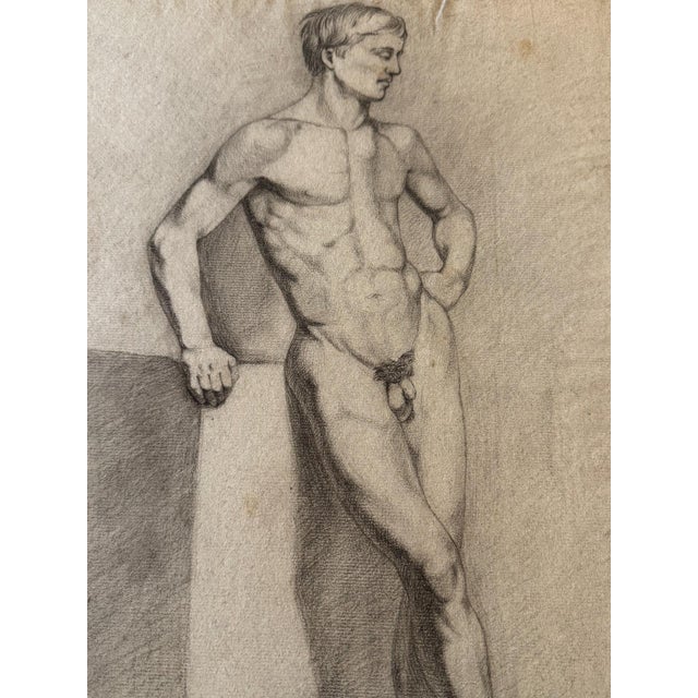 Gray Carl H. Berberich, Male Nude Leaning on a Pedestal, Pencil on Paper For Sale - Image 8 of 12