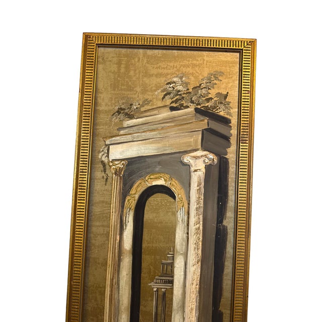 Antique Italian Painting on wood with details in relief of a Roman Arch Gilded frame.