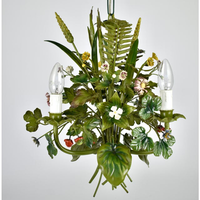 Green Vintage French Toleware Chandelier Flower Bouquet Green, 1960s For Sale - Image 8 of 12