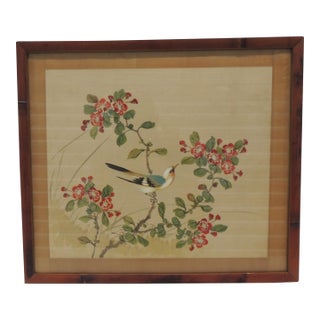 Vintage Framed Watercolor Art Depicting Songbird on Bamboo Frame For Sale