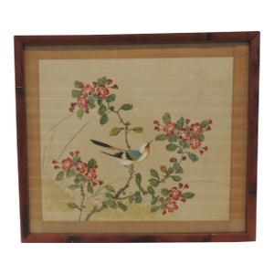 Vintage Framed Watercolor Art Depicting Songbird on Bamboo Frame