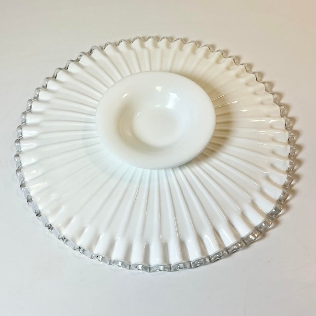 1950s Vintage Americana Farmhouse Boho Chic Fenton Silver Crest Milk Glass Ruffled Edge Low-Rise Cake Stand For Sale - Image 10 of 12