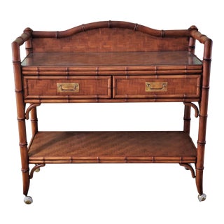 1970s Dixie Herringbone and Faux Bamboo Rolling Bar Cart For Sale
