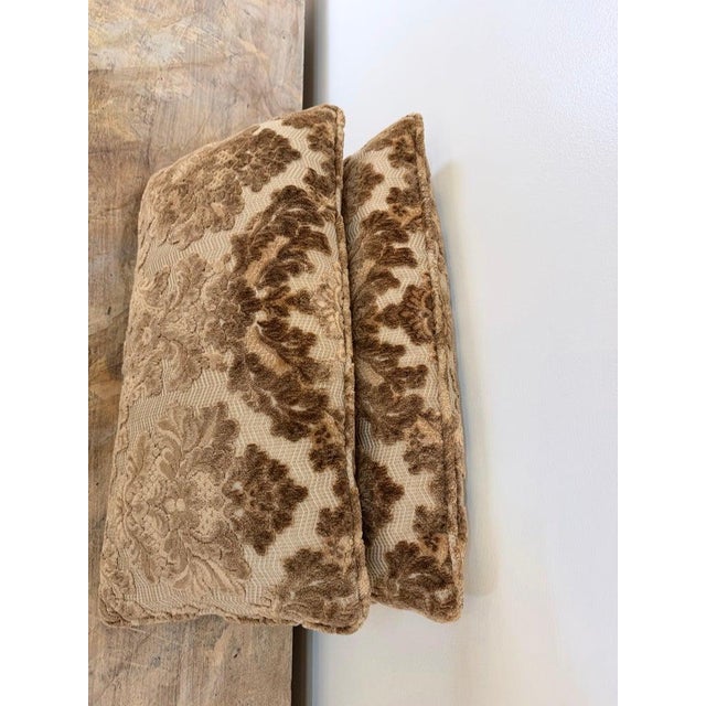 Taupe Pair of Cut Velvet Lumbar Pillows, Taupe-Brown Damask, Antique Style For Sale - Image 8 of 10