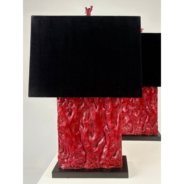 Arteriors Home 1990s Tanner Kenzie Red Resin Table Lamps With Black Velvet Shades - Pair For Sale - Image 4 of 8